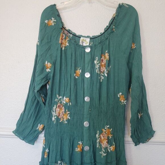 Boho Fig & Flower Embroidered Texture Peasant Dress Medium Green Anthropologie - Picture 2 of 16